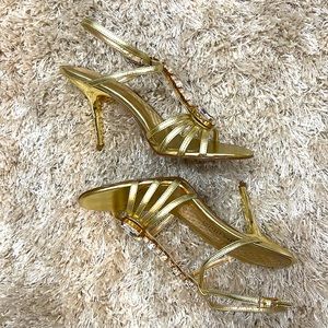 Valerie Stevens Gold Leather heels with Clear Crystals